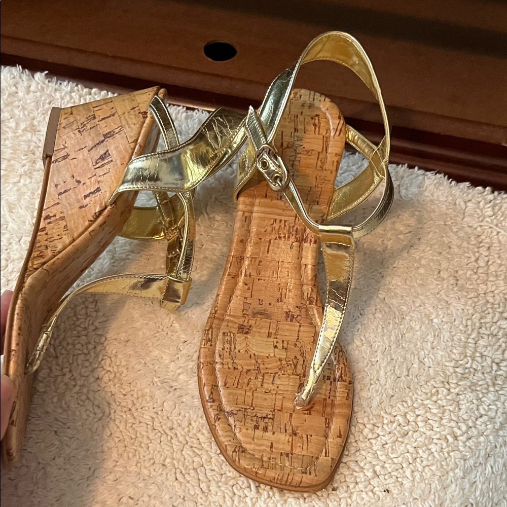 Anne Klein Metallic Gold Cork Wedge Sandals